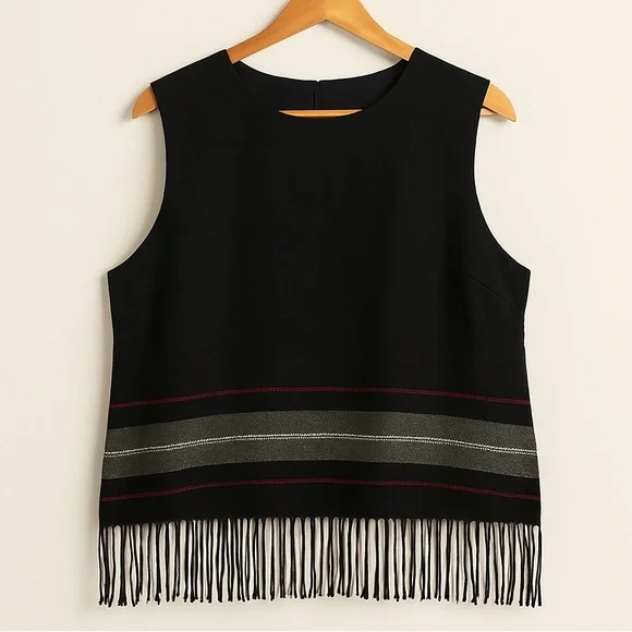 Vintage 90s Wool Blend Black Sleeveless Top w/ Fringe Hem Women’s Size 14 - Picture 2 of 9